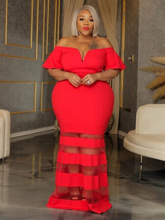 Plus Size Women's Fashionable Sexy V-Neck Puff Sleeve Mesh Splicing Party Dress, Wedding Guest Dress