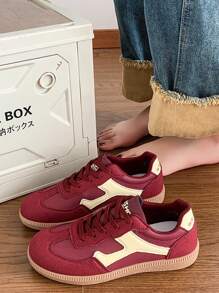 Women's Multifunctional Fashion Casual Shoes, Flat Lace-Up Round Toe Rubber Sole Casual Sneakers, Black & Khaki Color Block, Daily Matching Shoes, Casual Shoes Size 36-41, Fashionable - Burgundy - View 3