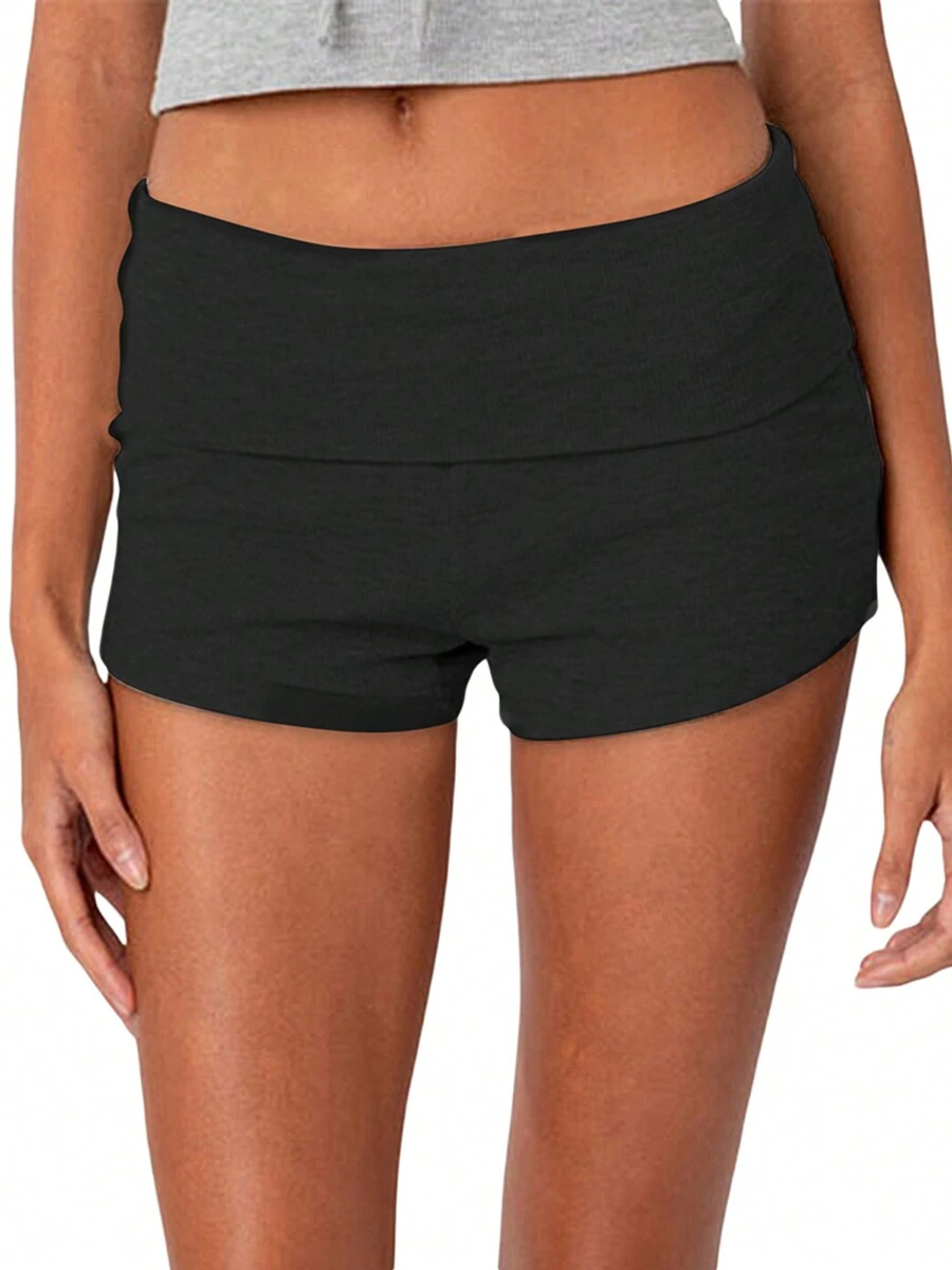 Women Fold Over Shorts Wide Waistband Rollover Yoga Shorts Y2K Low Rise Booty Shorts - 黑色 - 查看 1