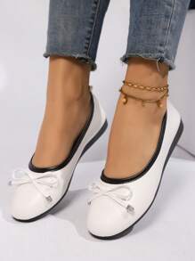女士蝴蝶结芭蕾平底鞋，圆头一脚蹬休闲鞋，软底 - 白色 - 查看 2