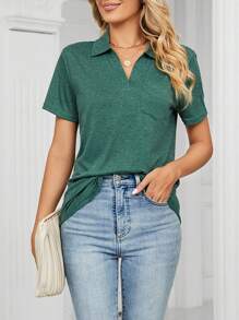 Women's V Neck Polo Shirts Collared Work Tops Summer Loose Short Sleeves Business Top With Pockets - Màu xanh lá cây đậm - Xem 5