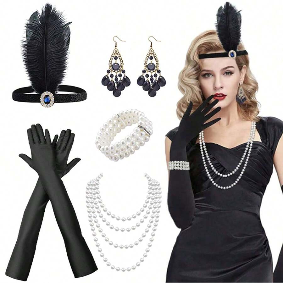 7pcs 1920s Style Accessory Set For Women, Flapper Party/Festival Costume Headpiece, Earrings, Bracelet, Necklace, Gloves, Party Decorations Prom - A - View 1