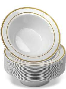 10/25 件 7.5 英寸和 4 英寸派对风格金边碗，可重复使用硬塑料 PS 沙拉、汤、酱汁、水果、甜点碗，适用于家庭、派对、婚礼、酒店使用 - 白色 - 查看 23