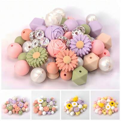 67pcs 12/14/15mm Vibrant Round Hexagon Silicone Beads - Mixed Set, Sunflower, Rose Design, Rubber Bulk Beads For Jewelry Making, Handmade DIY Necklaces, Bracelets, Bead Pens, Keychain Craft Supplies, Perfect For Creative Projects