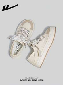 1 para WARRIOR damskich sznurowanych butów płóciennych, gruba podeszwa, zwiększona wysokość, niskie, płaskie, codzienne trampki, wygodne i stylowe, oddychające i luksusowe, odpowiednie na każdą porę roku - Beżowy - Zobacz 4