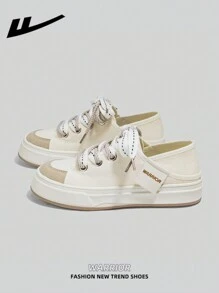 1 para WARRIOR damskich sznurowanych butów płóciennych, gruba podeszwa, zwiększona wysokość, niskie, płaskie, codzienne trampki, wygodne i stylowe, oddychające i luksusowe, odpowiednie na każdą porę roku - Beżowy - Zobacz 1