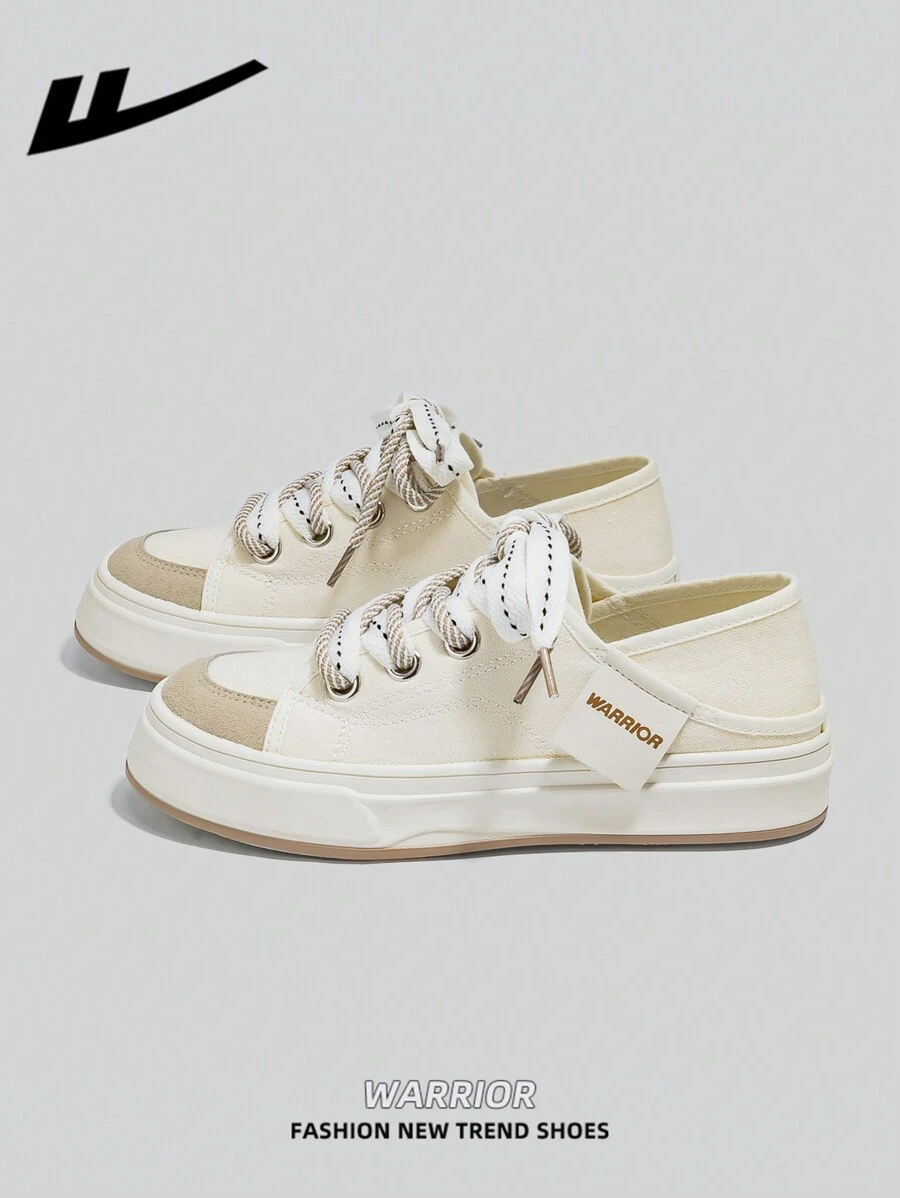 1 para WARRIOR damskich sznurowanych butów płóciennych, gruba podeszwa, zwiększona wysokość, niskie, płaskie, codzienne trampki, wygodne i stylowe, oddychające i luksusowe, odpowiednie na każdą porę roku - Beżowy - Zobacz 1