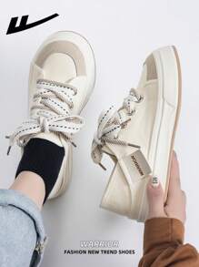 1 para WARRIOR damskich sznurowanych butów płóciennych, gruba podeszwa, zwiększona wysokość, niskie, płaskie, codzienne trampki, wygodne i stylowe, oddychające i luksusowe, odpowiednie na każdą porę roku - Beżowy - Zobacz 7