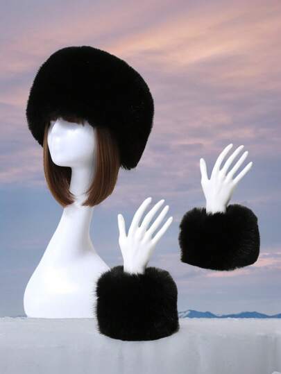 1set Faux Fur Fox Hair Elastic Headband & Wrist Band, Mongolian Style Ladies Hair Accessory Set