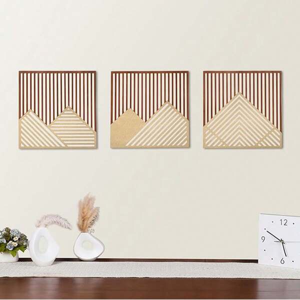 3 paneles de pared de madera hueca con decoración de montaña, decoración de pared moderna de geometría abstracta de montaña de arte de madera para la sala de estar, dormitorio, comedor y porche