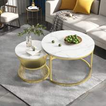 2er Set Nesting Couchtische,Runder Couchtisch für Wohnzimmer,Couchtisch aus Holz mit Metallrahmen,Weiße Tischplatte - Gold - Übersicht 1