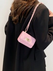迷你方形包新款女士手提包，菱格纹绗缝高品质单肩包，编织链条翻盖小号斜挎口红包，可爱配饰包，粉色，卡哇伊 - 粉色 - 查看 4
