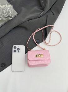 迷你方形包新款女士手提包，菱格纹绗缝高品质单肩包，编织链条翻盖小号斜挎口红包，可爱配饰包，粉色，卡哇伊 - 粉色 - 查看 7