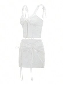 Women Skirt Set, V-Neck Tie-Up Camisole With Drawstring Slit Mini Bodycon Skirt Summer Outfit For Party Club - 白色 - 查看 6