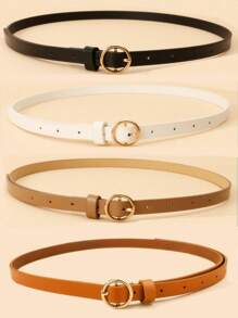 4pcs Women's Round Buckle Solid Color PU Leather Thin Waist Belt, Suitable For Pants, Jeans, Dresses, Coats, Daily Decor
