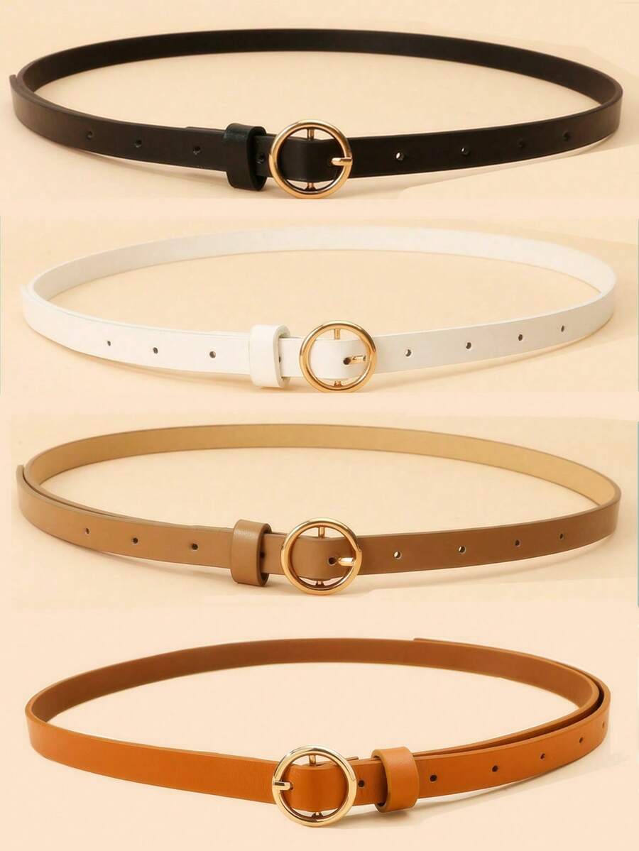 4pcs Women's Round Buckle Solid Color PU Leather Thin Waist Belt, Suitable For Pants, Jeans, Dresses, Coats, Daily Decor