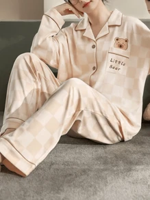 2 pièces/Ensemble Ensemble de Lounge femme imprimé ours à carreaux, haut à manches longues et pantalon, ensemble deux pièces