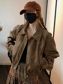女士纯色翻领长袖防风皮夹克，宽松休闲秋冬款 - 棕色 - 查看 4