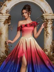 Vestido de fiesta de un hombro con colores contrastantes, abertura en el muslo, para bodas, eventos, cena, graduación, San Valentín, Año Nuevo, vacaciones, Pascua - Multicolor - Ver 7
