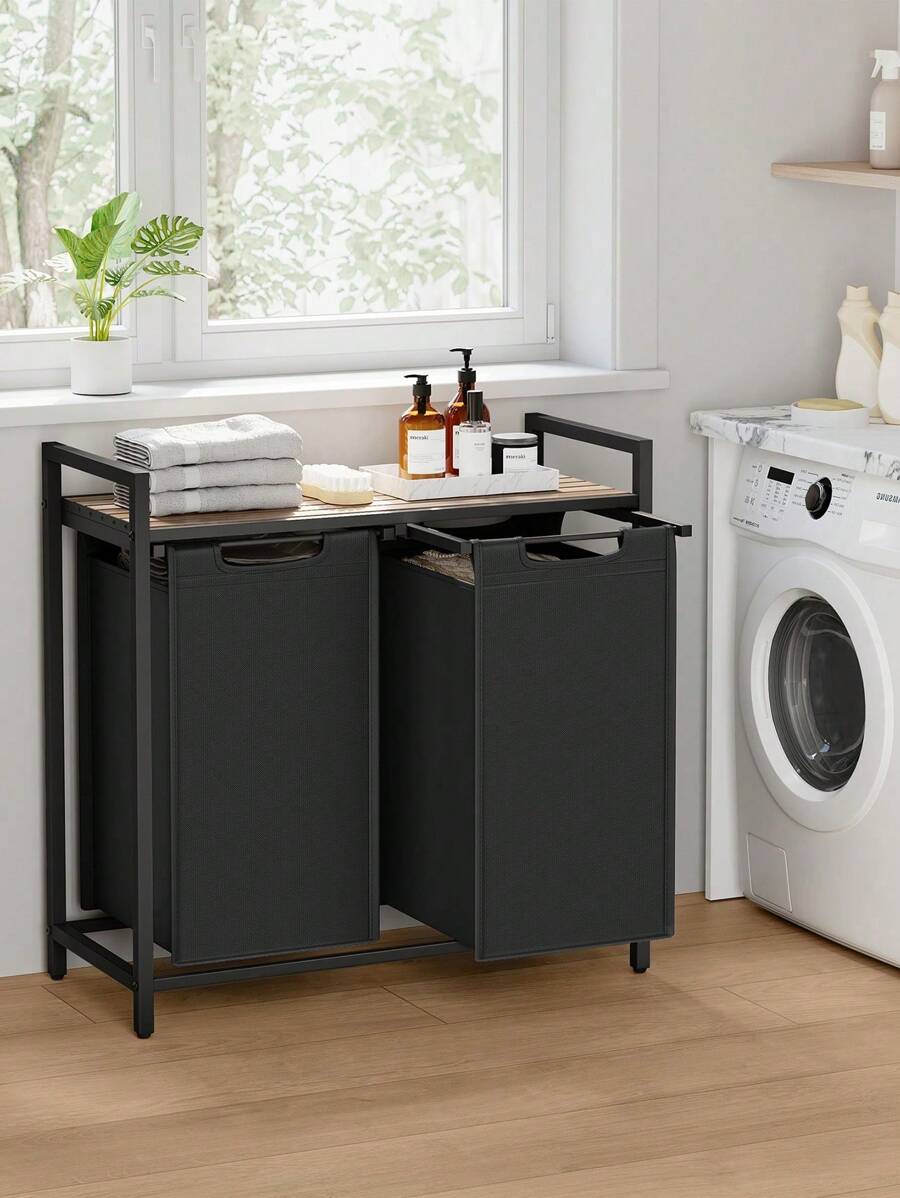 VASAGLE Laundry Basket, 2-Compartment Laundry Hamper, Pull-Out And Removable Laundry Bags, Laundry Sorter, Shelf, Metal Frame, 2 X 46L, 73 X 33 X 72 Cm, Black