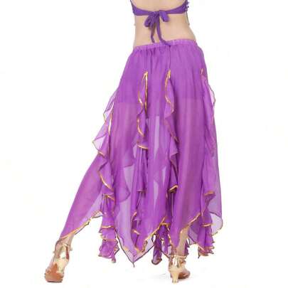 Váy biểu diễn múa bụng bằng vải chiffon viền vàng dành cho nữ, trang phục tập luyện múa tiêu chuẩn quốc gia.
