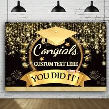 1PC Customized Graduation Photo Booth Backdrop - Elegant Black And Gold Vinyl, Congratulations Graduation Design, Perfect For Memorable Graduation Party Decorations And Photos - Multicolor - View 1