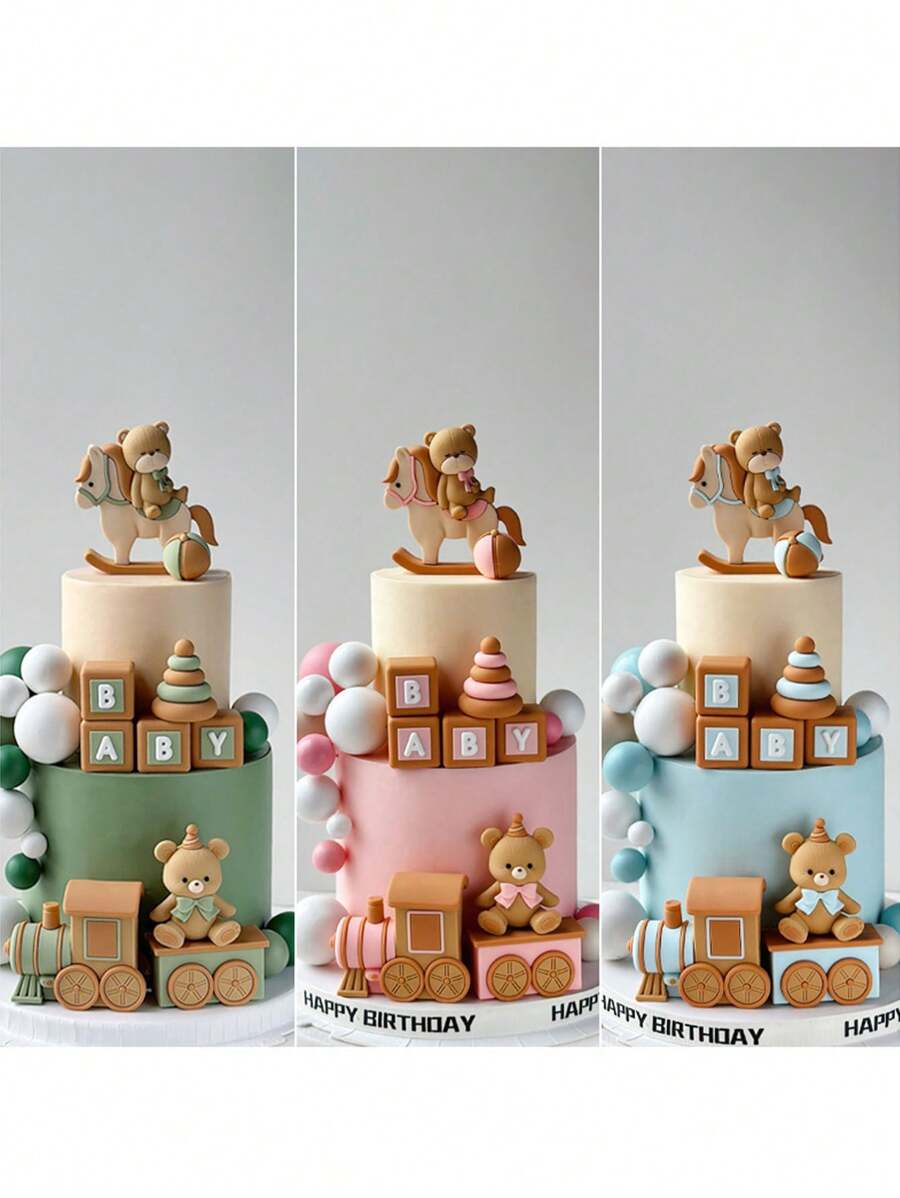 1pc Cute Bear Cake Decoration, Cartoon Trojan Bow Bear, Suitable For Baptism Party Gender Reveal Ceremony Cake Decoration, Birthday Party Cake Decoration, Cute Bear Theme Cake Decoration, Soft Rubber Material, Reusable (Pink Blue Green) - Multicolor - View 1