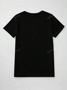 T-shirt décontracté pour femmes, col rond, imprimé de personnages de dessins animés et de lettres, manches courtes