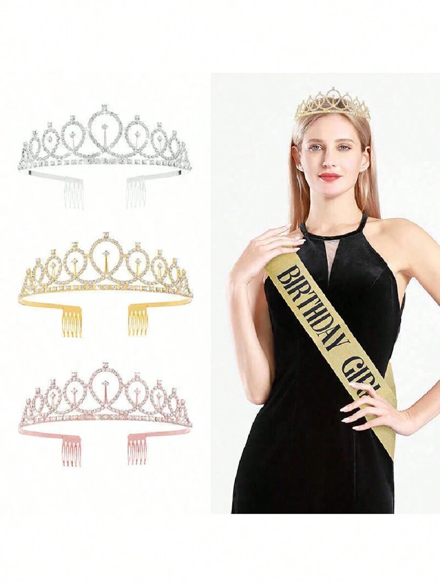 1set Pink 'Birthday Girl' Shoulder Strap Rhinestone Crown Headband Set, Party Accessory Prom Halloween - Gold - View 1