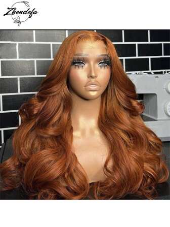 ZHENDEFA 橙棕色蕾丝前假发 人发波浪 4X4 高清透明蕾丝前假发 人发 预拔婴儿发 栗棕色 女士无胶假发 人发