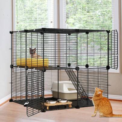 Homnibu  2 Tier Cat Cage,Pet Metal Playpen Cat Kennel,Indoor DIY Cat Enclosure ,Perfect For 1-2Cats,Rabbits, Kittens,Travel And Camping,Black,28"L X 28"W X 28"H