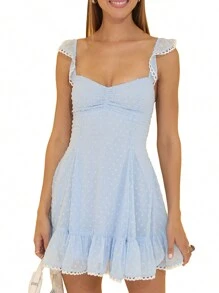 Womens A-Line Dress Cute Dot Jacquard Flying Sleeve V-Neck Mini Dress Chiffon Summer Open Back Dress For Party Beach Vacation Going Out Outfits - 藍色 - 查看 1