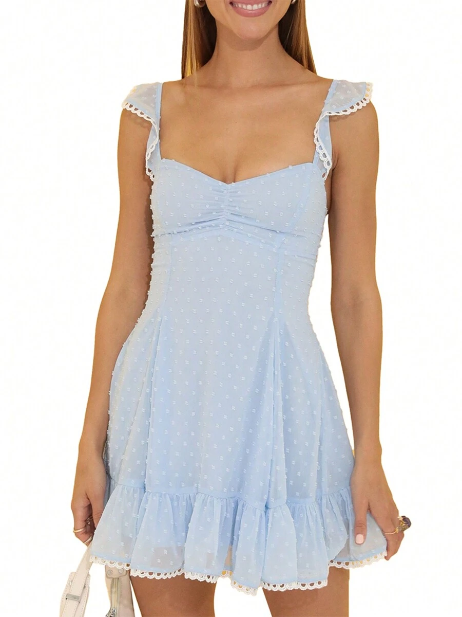 Womens A-Line Dress Cute Dot Jacquard Flying Sleeve V-Neck Mini Dress Chiffon Summer Open Back Dress For Party Beach Vacation Going Out Outfits - 藍色 - 查看 1