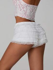 Pantalones cortos para mujer, shorts casuales de cintura elástica sólida con diseño de capas, ajuste delgado, para uso clubwear en verano - Blanco - Ver 9