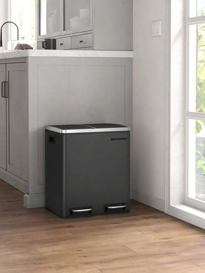 SONGMICS Kitchen Bin, 2 X 15 L Double Bin For Recycling And Waste, Pedal Bin, 15 Liners Included, Inner Buckets, Soft Close For Small Families, Steel, Black