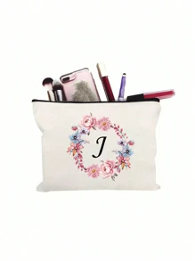 1pc Fashionable And Simple Printed Patchwork Cosmetic Bag, White Small Bag, Peony Wreath Black Letters A-Z, Cosmetic Bag, Portable Toiletry Bag, Birthday Gift, Reusable Cosmetic Bag, Simple Large-Capacity Travel Cosmetic Bag, Headphones, Accessories Storage, Coin Purse, Multi-Functional Portable Gift, Portable Leisure Storage Bag, - Letter Toiletry Bag - View 21