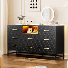 8 -Deep Drawer Dresser For Bedroom, Wooden Large Long Dresserwith Charging Station And LED Lights, TV Dresser, Modern Chest Of Drawers Storage Organizer For Living Room - Black - View 7