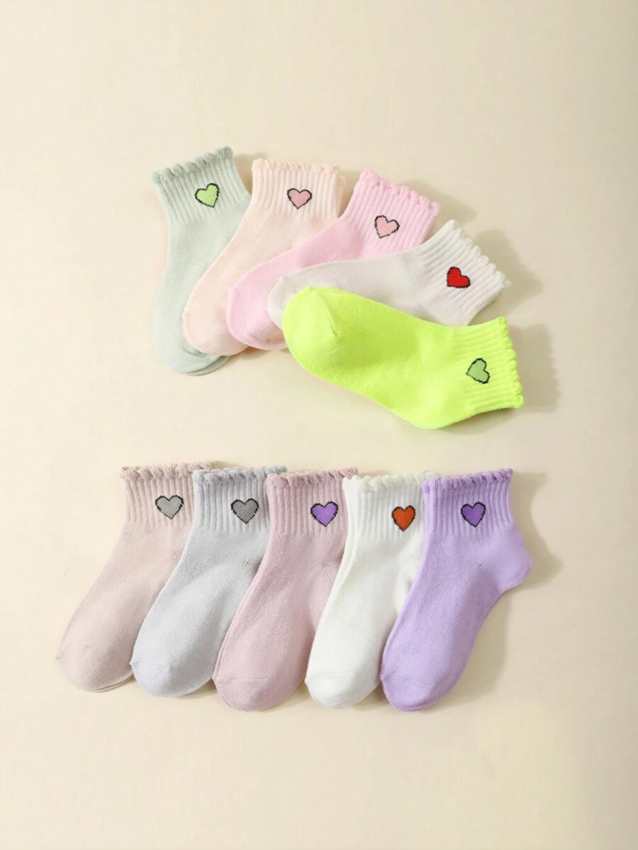 Paquete de 10 pares de calcetines suaves de tripulación con diseño de corazón para niños y niñas, de surtido aleatorio