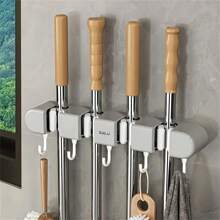 1 pièce Support mural pour balai et vadrouille avec crochets, organisateur puissant et autoadhésif pour balai et vadrouille pour jardin et garage, sans perçage, facile à installer et pratique à ranger