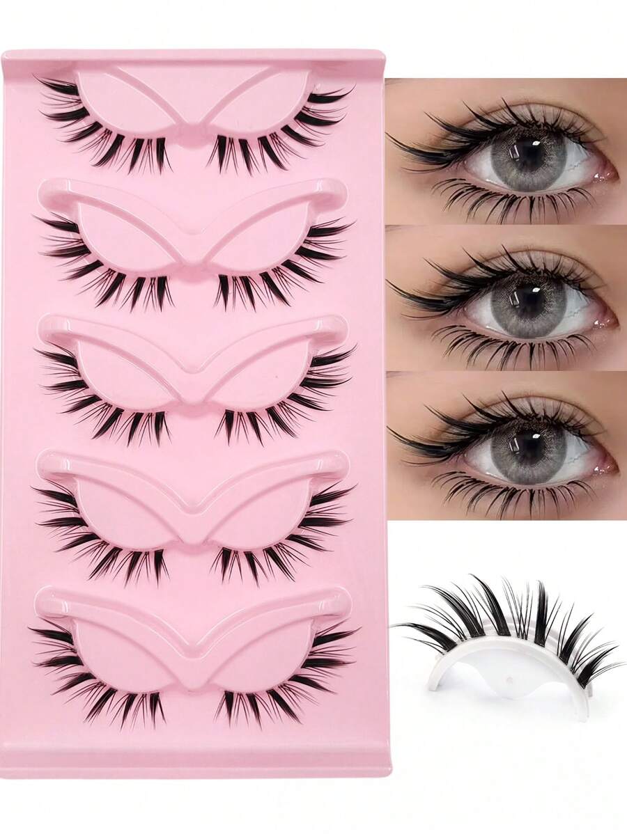 Asiteo 5 Pairs Cartoon Fox Eye False Eyelashes, Lightweight & Soft, Natural & Lengthening, Transparent Lash Band, Suitable For Daily Makeup, Reusable - 黑色 - 查看 1