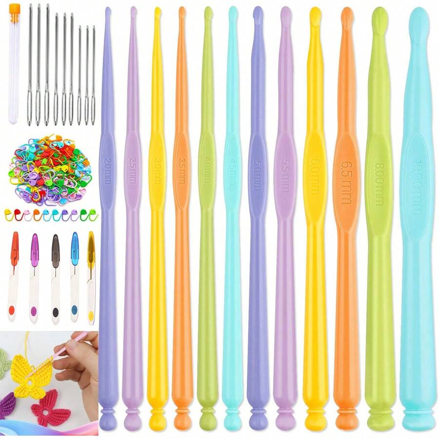 1pc-52 chiếc móc nhựa đan móc DIY, kim mũi lớn, đánh dấu mũi đan móc nhiều màu, kéo hình chữ U nhiều màu sắc dành cho người yêu thích đan móc để làm vớ, mũ, khăn quàng cổ, túi xách (Màu ngẫu nhiên) - Nhiều màu - Xem 1