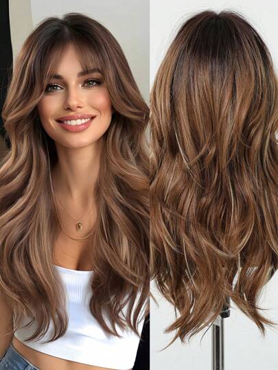 24 Inch Long Wavy Wig With Bangs, Dark Roots, Brown Ombre Golden Brown Synthetic Heat Resistant Wig, Suitable For Daily Wear, Parties, Cosplay And More
