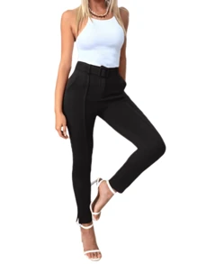 Straight Stretch Dress Pants With Belt And Center Seam. High Quality Fabric. Side Slit At Ankle. - Black - View 3