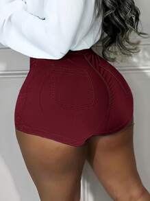 Womens High Waisted Stretchy Denim Dressy Sexy Butt-Lifting Shorts - 酒紅色 - 查看 3