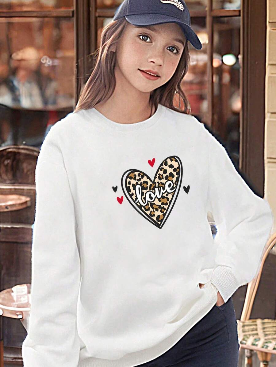 Tween Girls Casual Loose Fit Round Neck Sweatshirt With Letter, Heart & Leopard Print, Suitable For Autumn/Winter - White - View 1