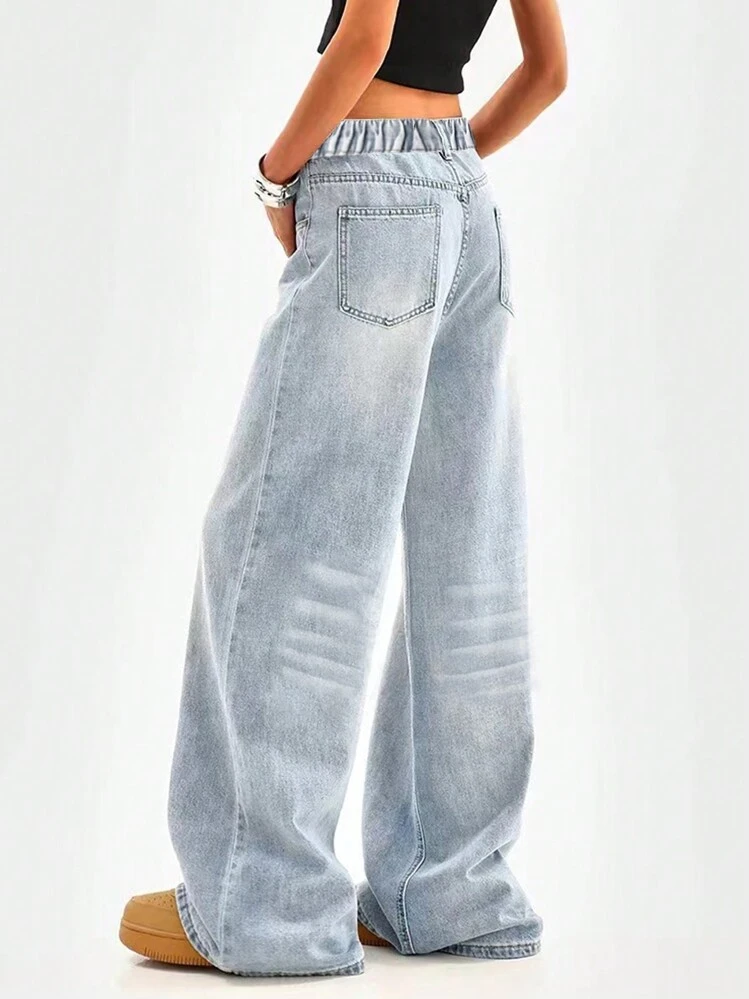 Teen Girls Loose Fit Light Blue Wide Leg Jeans, Retro Baggy Style