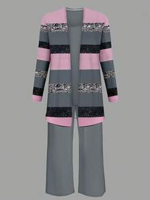 Plus Fall Clothes Three Pieces Color Blocked Printed Set Long Sleeve Cardigan & Tank Top & Long Pants Women Outfit Sets - Multicolor - View 4