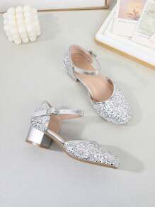 High-End Fashion Elegant Sequin Hollow Out Chunky Heel Shoes, Lightweight Non-Slip Soft Bottom Dress Shoes, Suitable For Performance, Party, Wedding - Silver - View 5