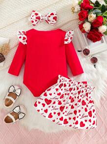 Baby Girl Halloween Ghost, Bat, Pumpkin Print Round Neck Cap Sleeve Bodysuit, Skirt And Headband 3pcs Set, Autumn/Winter - Red - View 2