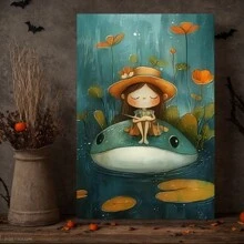 Charming Girl & Frog Canvas Art -  Wooden Wall Decor For Living Room, Bedroom - Vibrant Home Aesthetic, Perfect For Room Decor